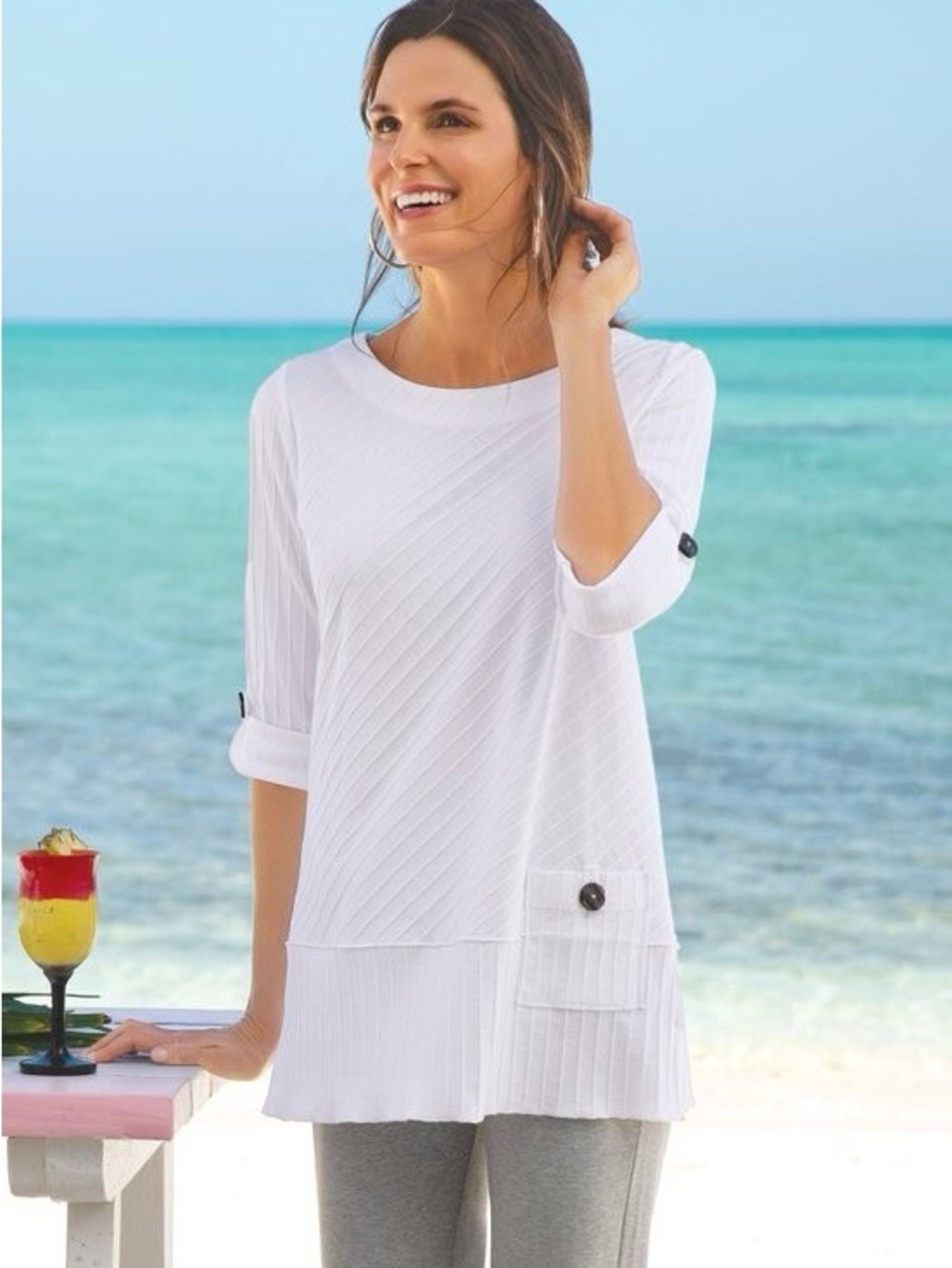 Soft surroundings large white coastal ribbed roll tab tunic top